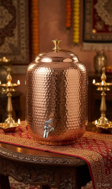 Pure Copper Water Dispenser Pot Hand Hammered 4 Liter with artisan finish on a decorative table in a traditional setting.