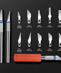 13 Piece Precision Craft Knife Set with Interchangeable Blades and Ergonomic Handles displayed against a black background