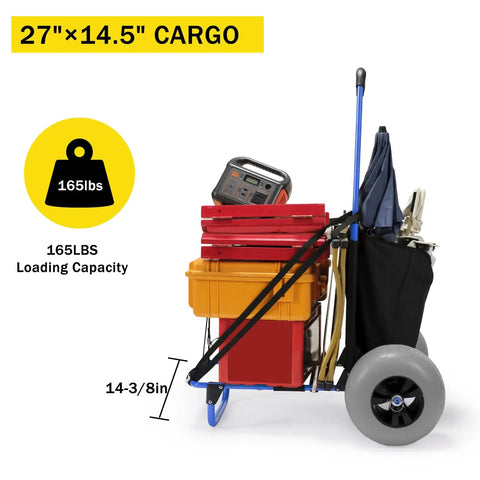 Side view of Beach Wagon Cart With 13 Inch Balloon Wheels, 165 Pound Load, Folding Sand Cart, showing loaded cargo and dimensions.
