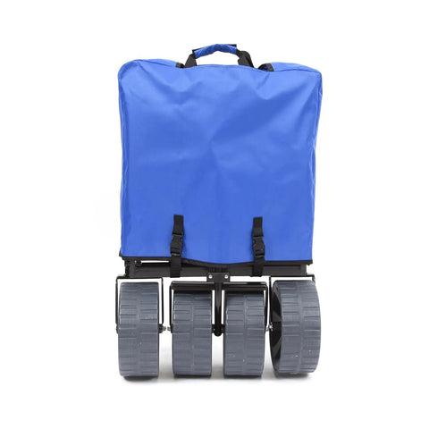 Go To All Terrain Beach Wagon With Side Table For Beach Day Picnic And Camping Heavy Duty Collapsible Cart With Large Wheels For Sand Grass Dirt Snow Blue Black, front view, folded position.
