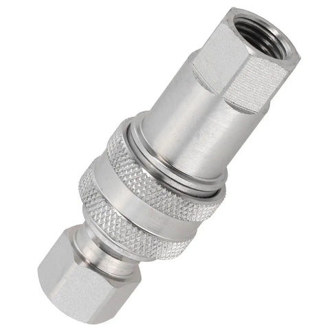 Heavy Duty Carbon Steel Hydraulic Quick Connect Coupler M14x1.5 Female Thread High Pressure Steel Ball Locking Self Closing Stops Leaks Knuckle Tight Thread Under Heavy Industrial Vibration Rock Solid Long Life Handles The Hammer On Big Machines angled view