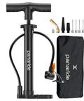 Versatile Handheld Bike Pump With Dual Presta And Schrader Valves For Road And Mountain Bikes, Strollers, Balls And Inflatables, Portable And Easy To Use On The Go, shown with accessories and carry bag.