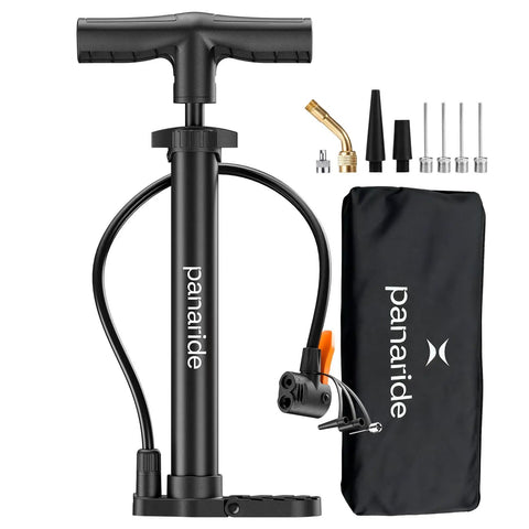 Versatile Handheld Bike Pump With Dual Presta And Schrader Valves For Road And Mountain Bikes, Strollers, Balls And Inflatables, Portable And Easy To Use On The Go, shown with accessories and carry bag.