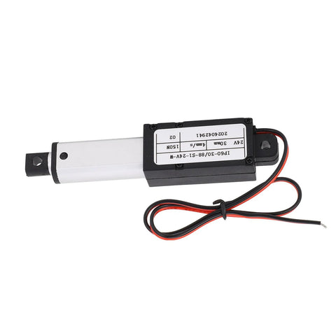 Mini 24V electric linear actuator with black housing and silver shaft, 30mm stroke, red and black wires.