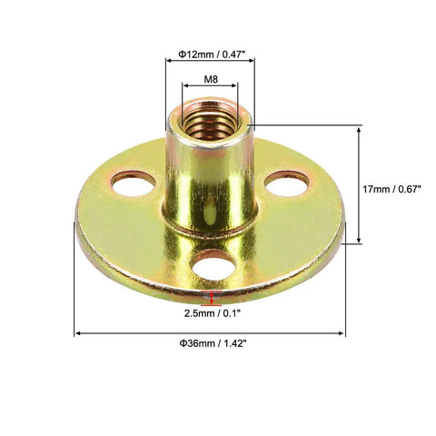 M8 Brad Hole Tee Nuts Badass Heavy Duty Galvanized Carbon Steel Furniture Hardware Flange Inserts close-up with measurements.