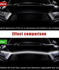 Comparison of car front with and without 79 Inch Exterior Hood LED Light Strip For Cars Flexible Daytime Running Light Waterproof Auto LED Strip With Dynamic Scan Start Up Lit Front End Glow For SUVs And Trucks White.