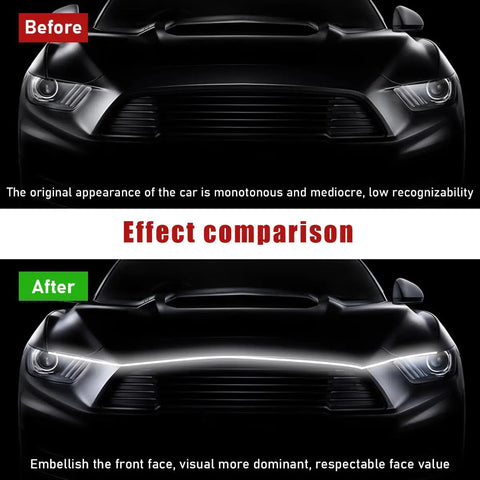 Comparison of car front with and without 79 Inch Exterior Hood LED Light Strip For Cars Flexible Daytime Running Light Waterproof Auto LED Strip With Dynamic Scan Start Up Lit Front End Glow For SUVs And Trucks White.
