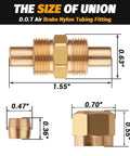 Brass compression straight union fitting, 3/8 in for nylon tubing; side and end views with hex nut and dimensions.