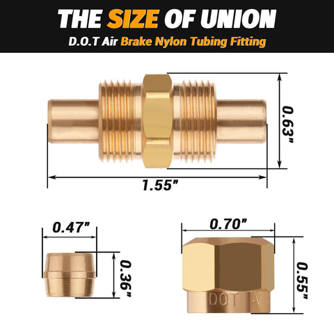 Brass compression straight union fitting, 3/8 in for nylon tubing; side and end views with hex nut and dimensions.