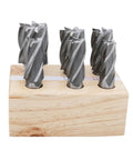 Six Accusize HSS end mills Bridgeport style, 3/4 in shank, 4- and 6-flute, in wooden block