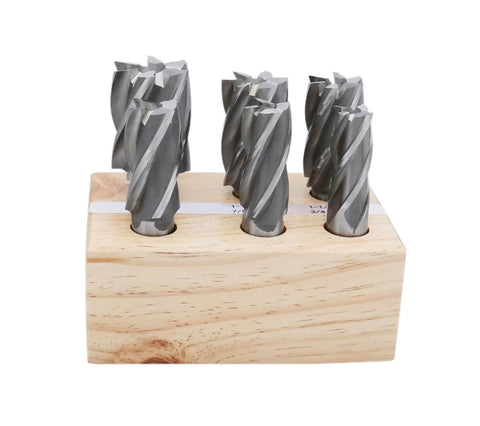 Six Accusize HSS end mills Bridgeport style, 3/4 in shank, 4- and 6-flute, in wooden block