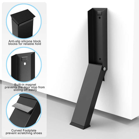 Heavy Duty Kick Down Door Stopper With Zero Drill Mount holding firm on wall, designed for wood, tile, vinyl, carpet, and concrete.