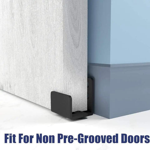 Low Profile Sliding Barn Door Guide With Adjustable Wall Mount Bracket For Floor Or Cabinet Use Matte Black Finish 2 Pcs Fits Doors From One Inch Up To One And Three Eighths Inches No Fuss Barn Door Hardware Easy Install showing fit for non pre-grooved door