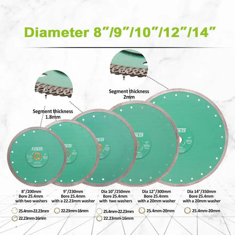 Diamond Porcelain Tile Saw Blade 10 Inch 250mm Dry Or Wet Cutting Disc With X Teeth Turbo Mesh Rim display of blade sizes