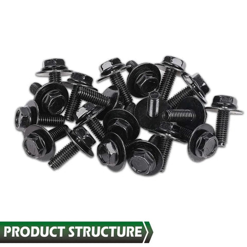 20 Piece M6 1.0x16mm Body Bolt Screws With 10mm Hex And 17mm Washer Black Steel Fender Fasteners OE Standard Durable And Impact Resistant Car Body Hardware Replacement