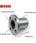 Smooth Running Linear Bearing Bushing For Shaft Motion And Precise Alignment LMF35UU And LMF35 Linear Bearings with dimensions and measurements shown