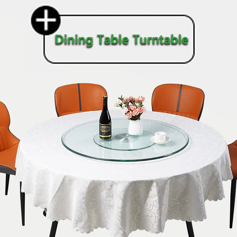 Round Rotating Serving Plate With Large Tempered Glass Lazy Susan Turntable for dining, shown on round table
