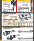 Catalog page showing various R8 ER collet chucks and tooling, including an R8 ER-32 collet chuck with drawbar end and spanner nut