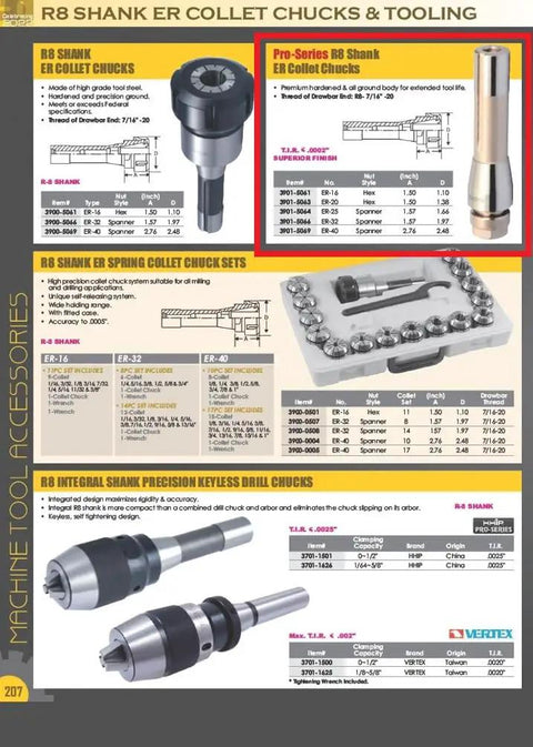 Catalog page showing various R8 ER collet chucks and tooling, including an R8 ER-32 collet chuck with drawbar end and spanner nut