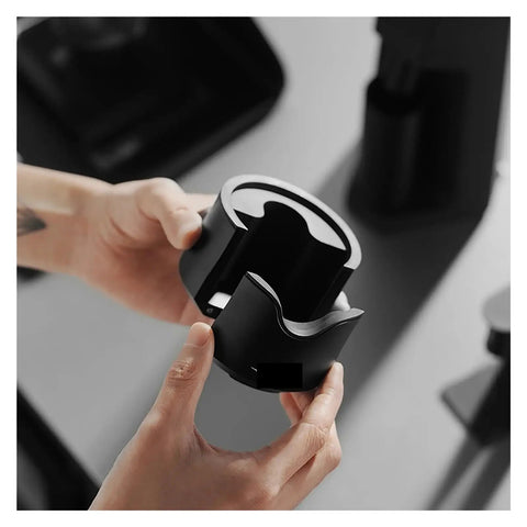 Adjustable Portafilter Holder And Tamping Base For Espresso Machine compatible with 51mm 53mm 58mm filters in black aluminum finish.