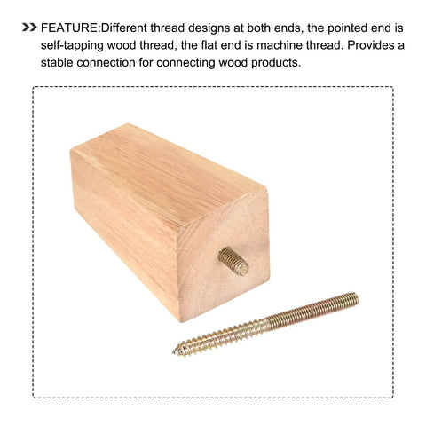 Top Tier Beefy Double Ended Hanger Bolts 1/4-20 X 1-1/4 Inch 20 Piece Kit shown with pointed self-tapping screw and wood block.