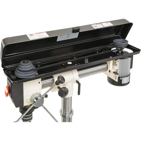 No-Fuss Shop Floor Beast Benchtop Radial Drill Press top view showing 1/2 horsepower motor and control panel.