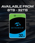 SkyHawk AI 32TB storage capacity, available from 8TB to 32TB, Seagate logo in top corner