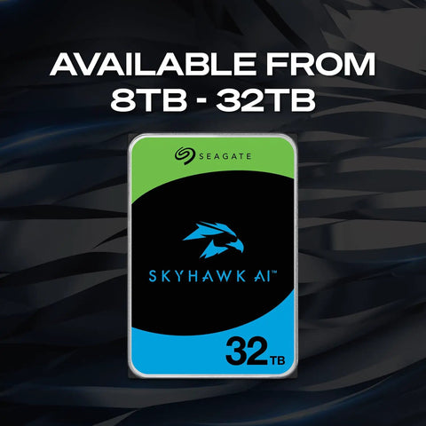 SkyHawk AI 32TB storage capacity, available from 8TB to 32TB, Seagate logo in top corner