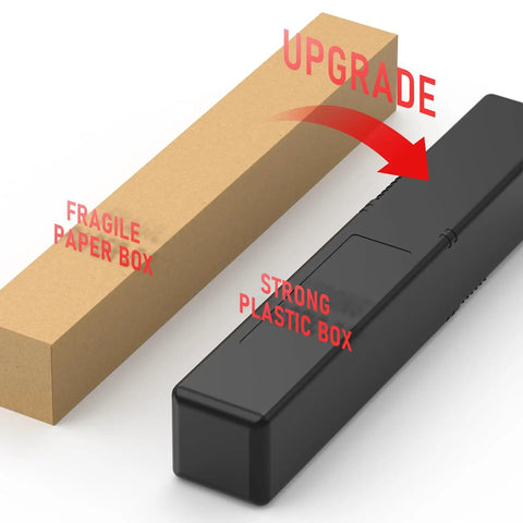 Comparison of a fragile paper box and a strong black plastic box with an upgrade arrow indicating the transition.