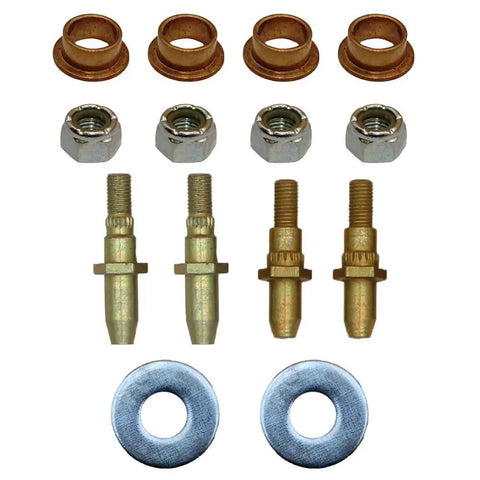Chevy Silverado Door Hinge Pin And Bushing Repair Heavy Duty Tool Kit DIY Friendly For Two Hinges With Four Pins Four Bushings Four Locking Nuts And Two Washers Fits Chevy GMC Models 19299324 38453, showing parts arranged neatly.