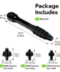 Smooth Operation Universal Ratchet Drill Chuck Key Wrench Set With Dual Socket Heads And Rock Solid Magnetic Grip, includes wrench and multiple heads.