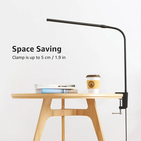 Clip On Desk Lamp LED Reading Light With USB Power Dimmable 3 Color Modes And 10 Brightness Levels Small Clamp Table Light With Flexible Gooseneck For Bed Headboard Home Office Computer Black attached to a desk
