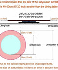 Diagram showing size recommendations for Large Round Clear Tempered Glass Lazy Susan Turntable Heavy Duty Swivel Rotating Serving Tray.