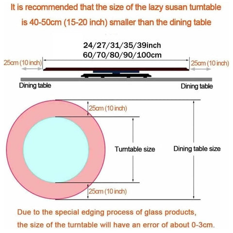 Diagram showing size recommendations for Large Round Clear Tempered Glass Lazy Susan Turntable Heavy Duty Swivel Rotating Serving Tray.