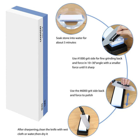 Pro-Grade Knife Sharpening Stone Set With Dual Sided 1000/6000 Grit Waterstone, usage instructions and angle guide illustration.