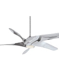 62 Inch Ceiling Fan With Fly Liquid Nickel Blades And Whisper Quiet DC Motor Featuring Dimmable Led Light Plus No Fuss Handheld Remote mounted in a room.