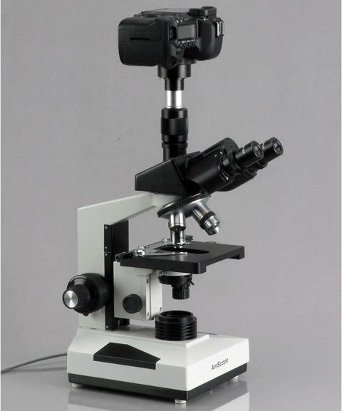 Camera Adapter For Microscopes SLR III 2X Magnification Metal T Mount 23.2mm attached to Canon camera on microscope