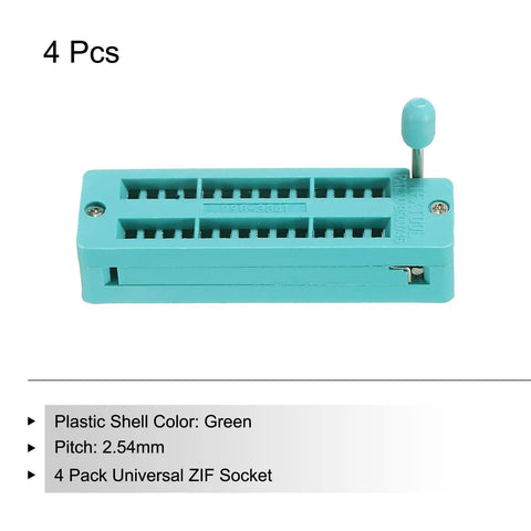 Universal ZIF IC Test Socket 28 Pin 2.54mm Pitch Narrow in green plastic with lever for microcontrollers 4 pack