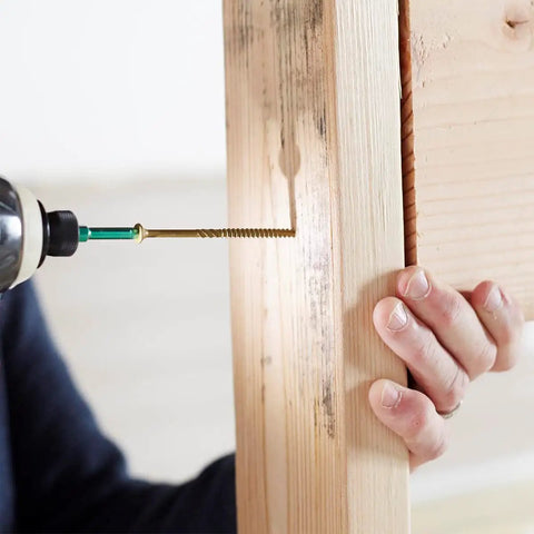 Drilling with R4 Multi-Purpose Wood Screws Size 8 x 1-1/2 Inch Gold Finish, 1000 Count, Zip Tip No Pre-Drill, Star Drive Recess