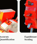 Close-up of Double Row Seed Spreader Manual Garden Seeder with 16 Seed Plates, focusing on orange seed and fertilizer holder.