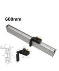 Knockout Precision Aluminum Router Fence With Quick Grip Flip Stop And Pro Miter Gauge Angle Measuring Ruler For Straight Shot Woodworking 450 To 800 Millimeters displayed with 600mm size and technical measurements.