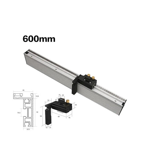 Knockout Precision Aluminum Router Fence With Quick Grip Flip Stop And Pro Miter Gauge Angle Measuring Ruler For Straight Shot Woodworking 450 To 800 Millimeters displayed with 600mm size and technical measurements.