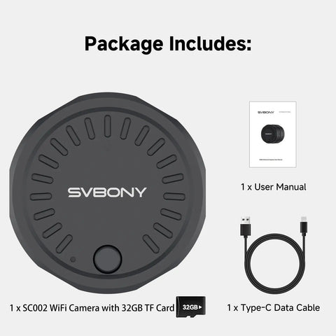 Package includes SC002 Wireless Electronic Eyepiece For 37mm To 56mm Scopes, WiFi Digiscoping Camera, manual, USB-C cable, 32GB card.