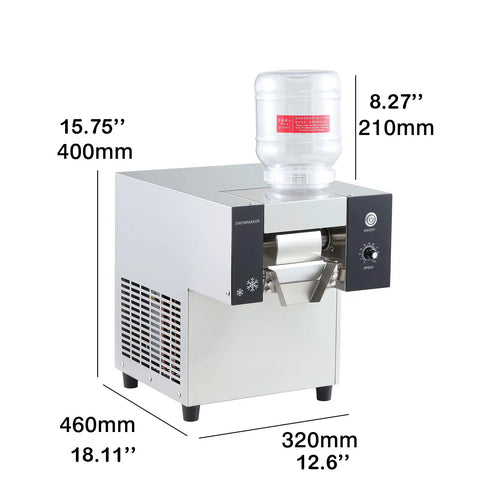 Heavy Duty Commercial Snow Cone Shaver Grinding Down Ice Blocks To Whip Up 198 Pounds Of Silky Shaved Flakes Daily With Tough Steel Cutters And Dependable Air Cooling For Street Vendors And Dessert Shops, showing dimensions and design.