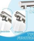 Close-up of Kitchen Faucets With Pull Down Sprayer And Magnetic Docking In Brushed Nickel stream and spray modes.