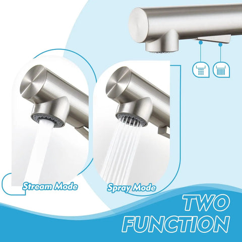 Close-up of Kitchen Faucets With Pull Down Sprayer And Magnetic Docking In Brushed Nickel stream and spray modes.