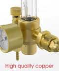 Close-up of Argon And CO2 MIG And TIG Flow Meter Gas Regulator Gauge with brass finish, showing gauge and fittings.