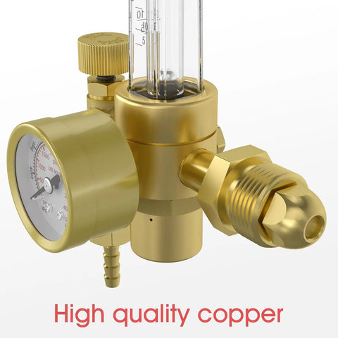 Close-up of Argon And CO2 MIG And TIG Flow Meter Gas Regulator Gauge with brass finish, showing gauge and fittings.