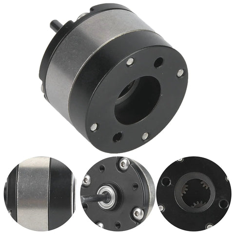 VGEBY1 planetary gear reducer for RC 540 motor; black metal housing with flange and mounting holes (front view).