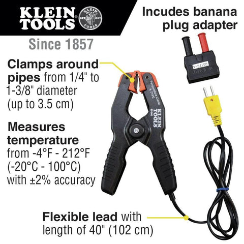 Klein Tools 69140 K-Type pipe temperature clamp thermometer for HVAC with 40in lead